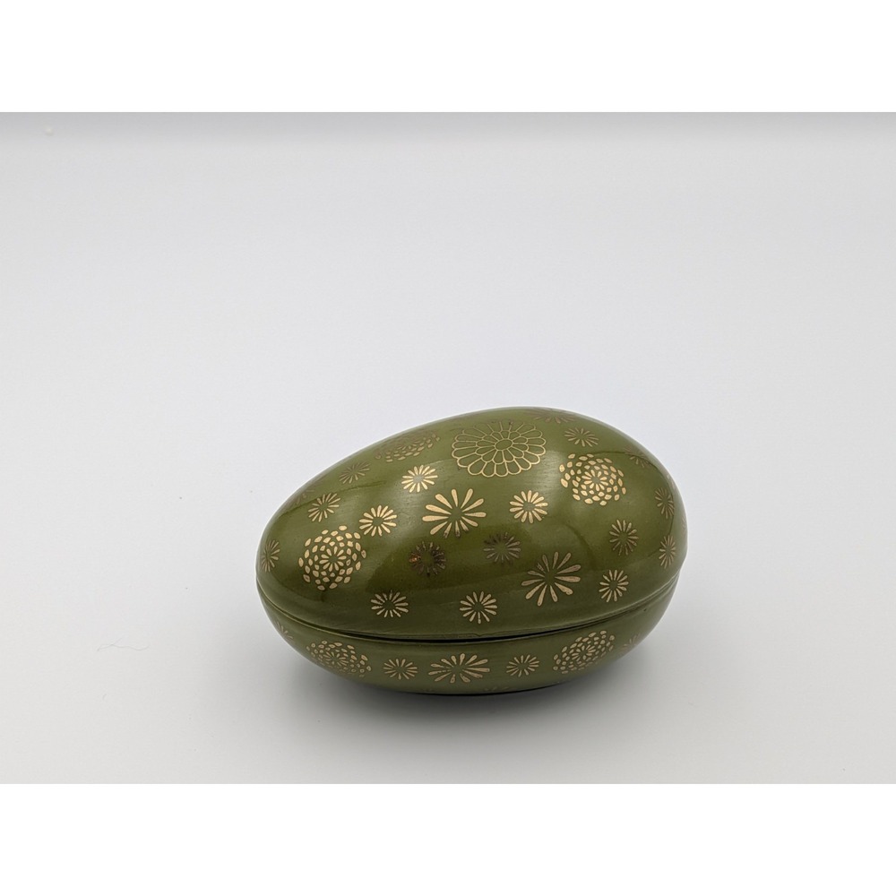 Rare Vintage Japanese Olive & Gold Chrysanthemum Porcelain Egg Trinket Box 4"